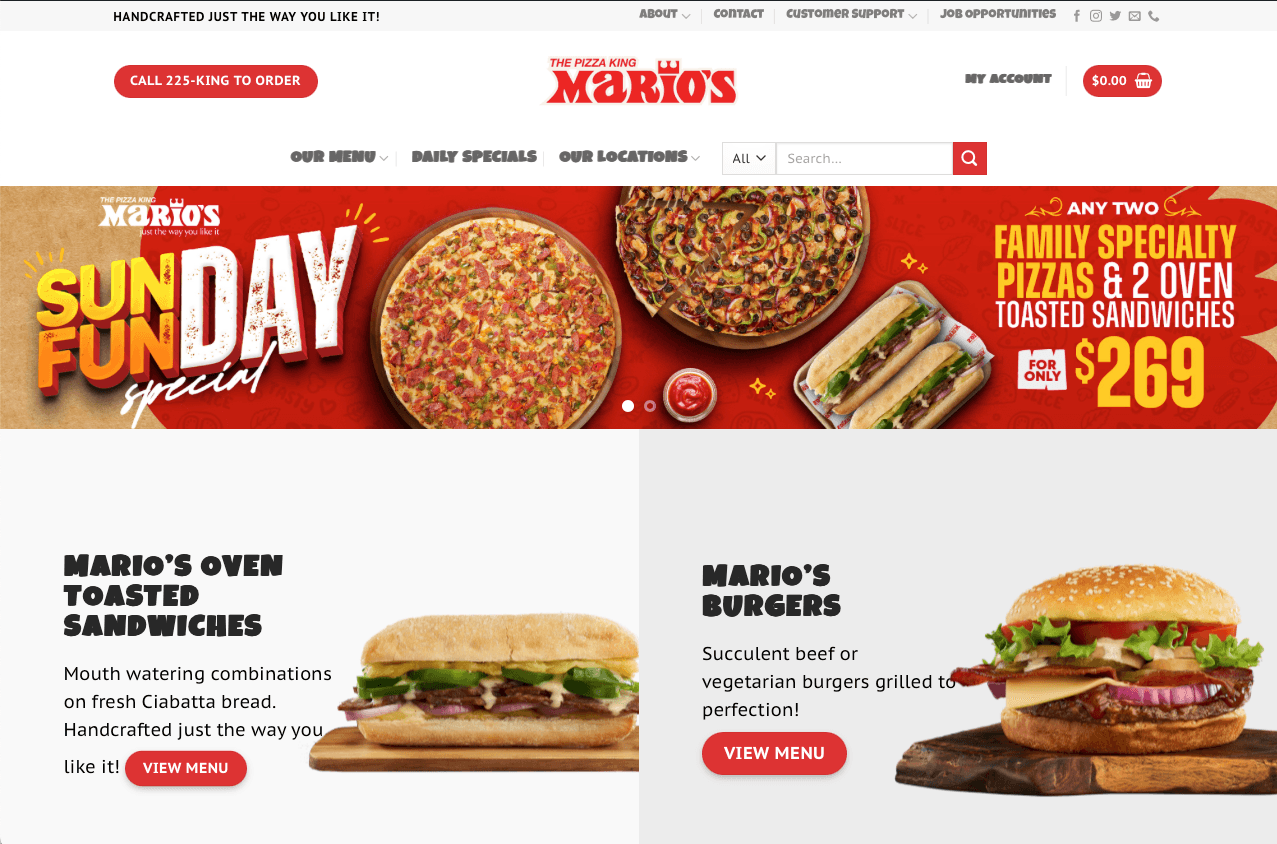 MyMarios.com homepage showing the menu, daily specials and cart.